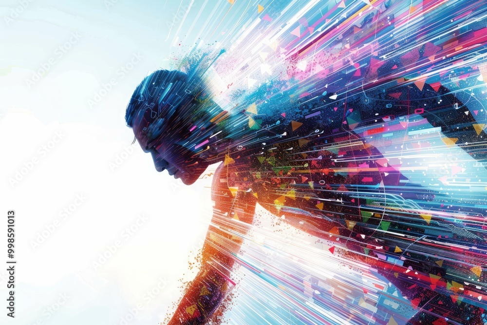 Poster athlete running with colorful abstract light trails representing speed and motion effect
