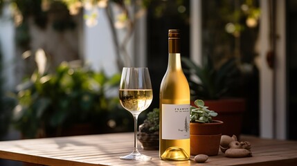 A wine glass with white wine and a wine bottle on a table