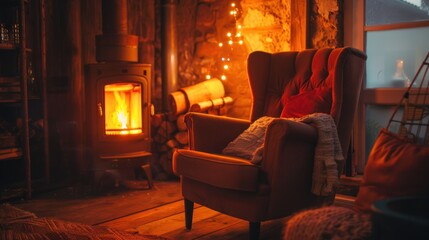 Obraz premium Interior design banner with cozy fireplace, comfortable armchair, soft lighting