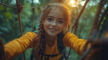 a Teenager having fun on a high ropes course in a forest adventure park during summer.