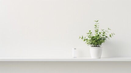 Interior design banner with minimalist houseplant on white shelf, soft background
