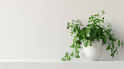 Fototapeta premium Interior design banner with minimalist houseplant on white shelf, soft background
