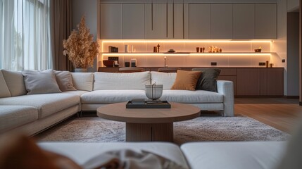 Interior design banner with stylish living room, modern coffee table, cozy rug, warm lighting,