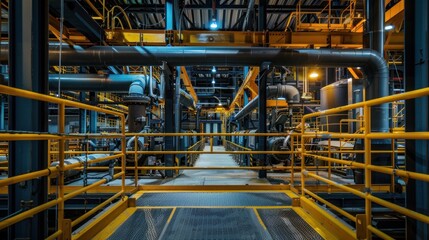 Interior of a modern industrial complex featuring detailed machinery, pipes, and yellow safety railings under artificial lighting