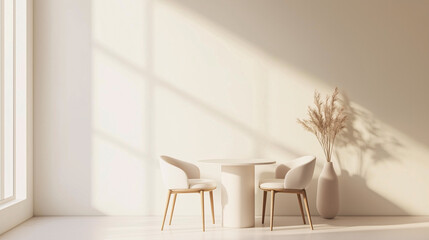 A minimalist dining room with a square table and two matching chairs, positioned in a corner. The background is clean, with an emphasis on light, space, and simplicity