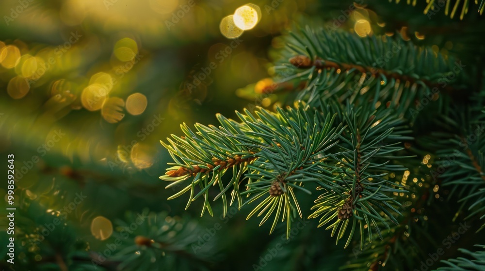Poster close-up of a green pine branch with blurred bokeh background.