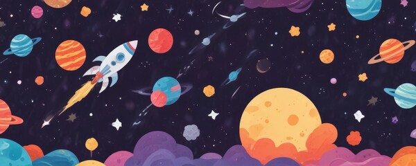 A spaceship soars through a starry night sky, leaving a trail of smoke behind it The backdrop is a deep black, dotted with planets of various sizes and colors, including a