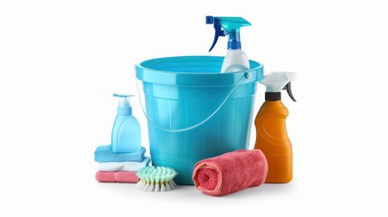 Light blue bucket and many different car wash products isolated on transparent background