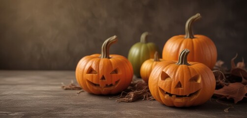 Three carved jack-o'-lanterns with carved faces sit on a bed of dried leaves, with a dark background