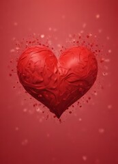 A red heart-shaped object with a textured surface and small red dots or splatters surrounding it, set against a red background with a subtle sparkle effect