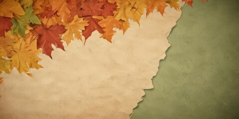 A vibrant arrangement of autumn leaves in various shades of orange, yellow, and red, set against a textured green background