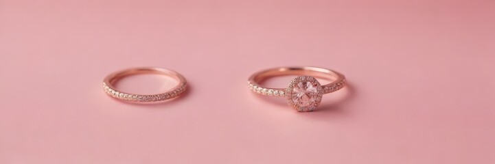Two gold rings with a large central diamond set in a halo, one on a pink background and the other on a pink background with a subtle gradient