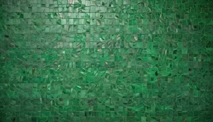 a close-up view green mosaic tile wall, composed of small square tiles arranged in a grid-like pattern