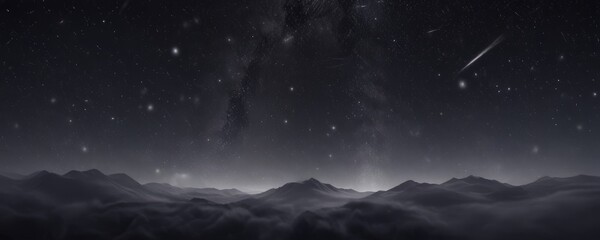 A starry night sky with a shooting star and a distant galaxy, set against a mountainous landscape with a misty, foggy appearance