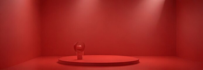 A red-painted room with a pedestal and a white sculpture on it, illuminated by spotlights