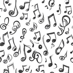 A seamless black and white pattern of various music notes, creating a minimalist and dynamic design that emphasizes the elegance and simplicity of musical notation