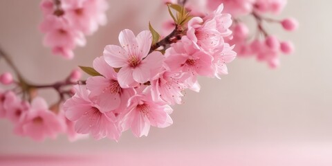 A close-up view branch with pink cherry blossoms against a soft pink background
