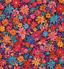 A vibrant and colorful pattern of various flowers in shades of red, orange, yellow, blue, and purple fills the