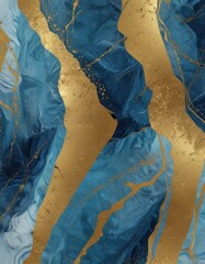 a striking abstract pattern with blue and gold hues, creating a sense of movement and depth The gold lines and splatters add a touch of luxury and elegance to the