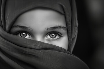 Naklejka premium Black and white portrait of a young woman wrapped in a scarf with only her eyes showing.