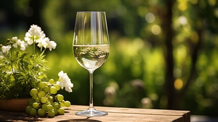 A wine glass with white wine and a green garden background