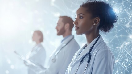 Diverse team of doctors discussing patient care plans over a holographic network interface, collaborative healthcare system,