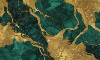 a marble-like pattern with a swirling design of green and gold hues The green marble has a darker shade, while the gold elements create a contrasting effect The pattern