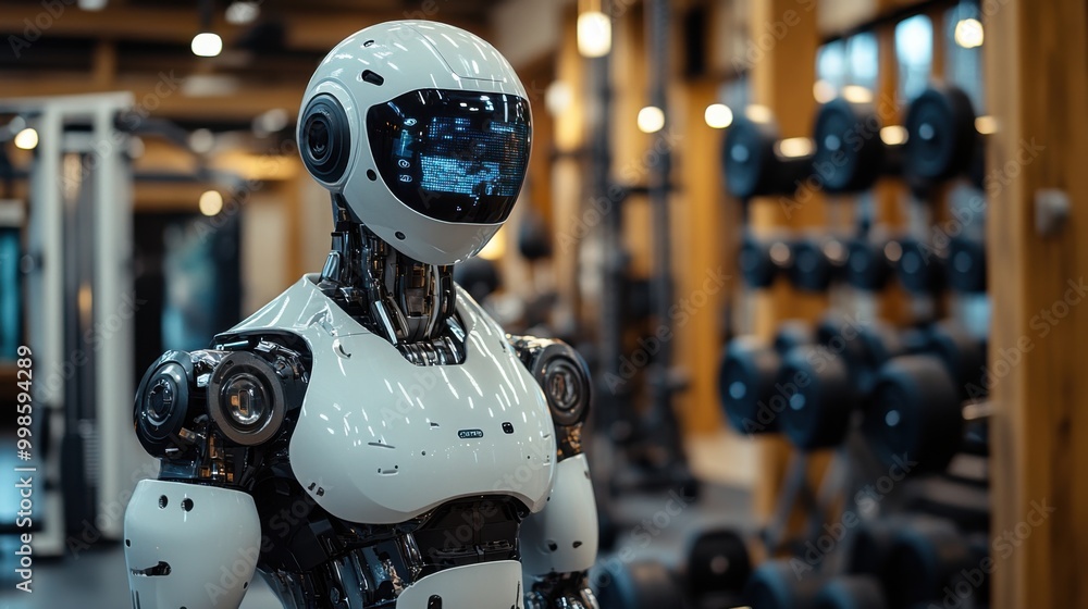 Poster advanced humanoid robot in modern industrial setting with led interface
