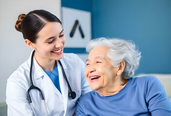 Fototapeta premium Happy, care and face of a doctor with a woman for medical trust, healthcare and help. Laughing, hug and portrait of a young nurse with a senior patient and love during a consultation at a clinic 
