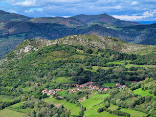 Fototapeta premium Aerial view of Dosango village, Santo Adriano municipality, Asturias, Spain