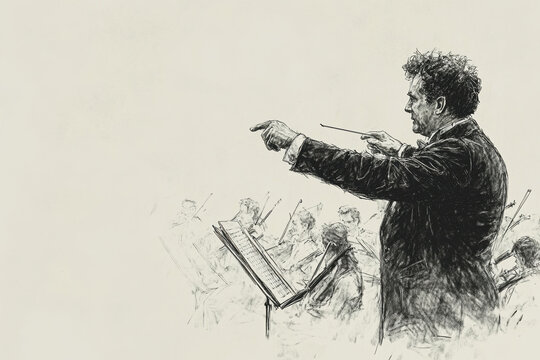 A detailed pencil sketch of a conductor leading an orchestra, capturing the dynamic energy and elegance of classical music performance