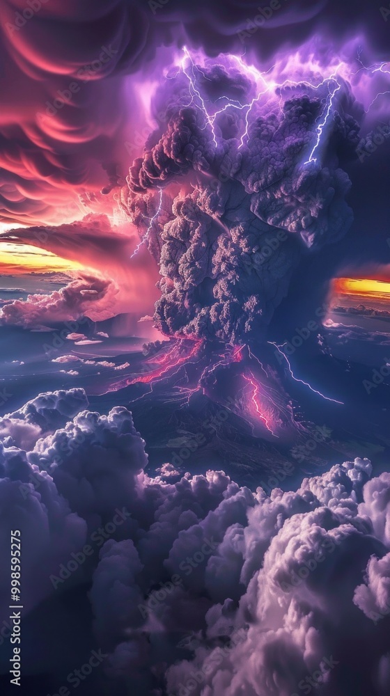 Poster a large volcano erupts with purple and red clouds and lightning