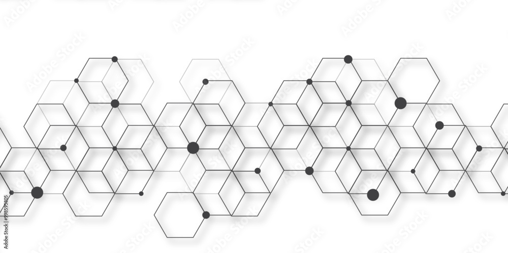 Poster Molecular structure abstract tech background. Geometric white background. Vector banner design with hexagons. Science network pattern, connecting lines and dots Medical background, Vector illustration