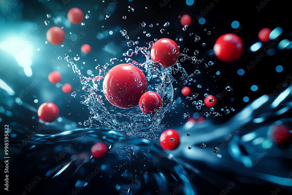 Poster abstract close-up of red particles suspended in water, showcasing dynamic motion and vibrant colors 