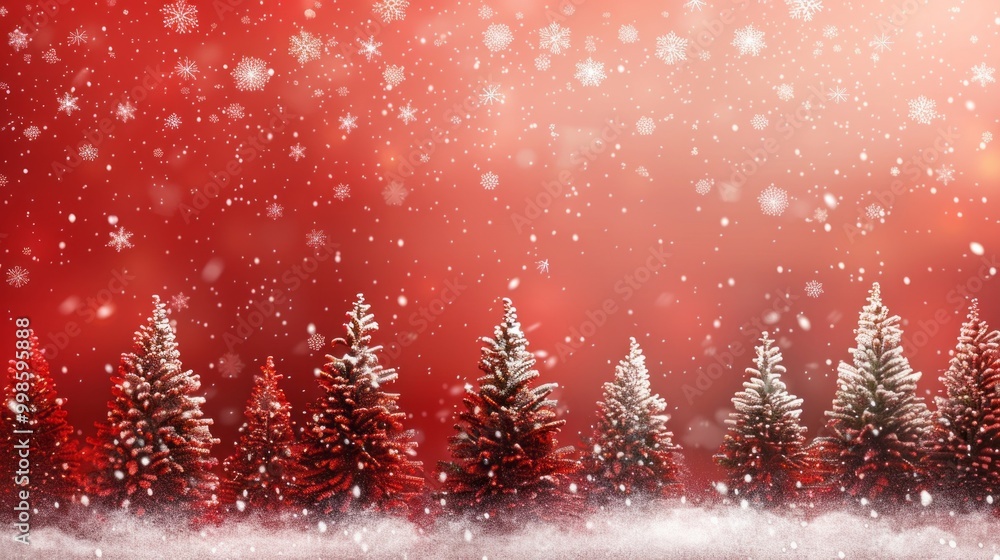Poster a red background with snow falling on a row of trees