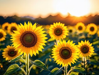 Obraz premium A sunflower field at sunrise, bright yellow flowers turning toward the early morning sun