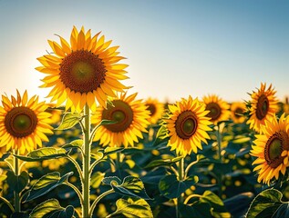 Obraz premium A sunflower field at sunrise, bright yellow flowers turning toward the early morning sun