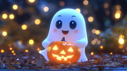 Charming cartoon ghost holding a pumpkin, lighting up the night for a fun Halloween adventure