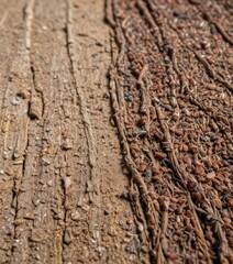 A close-up wooden surface with a mix of dirt, twigs, and small rocks, creating a textured and natural appearance
