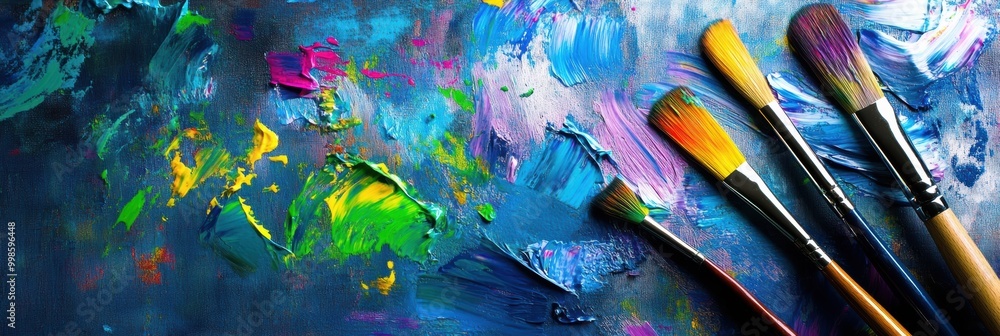 Aufkleber bright colors on a palette contrast with artistic brush strokes on canvas, showcasing creativity and