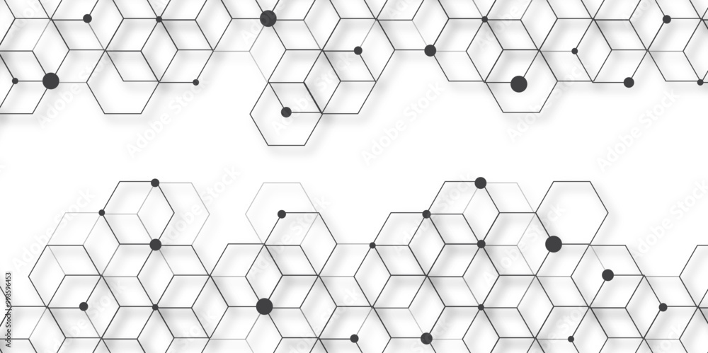 Poster Molecular structure abstract tech background. Geometric white background. Vector banner design with hexagons. Science network pattern, connecting lines and dots Medical background, Vector illustration