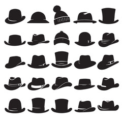 Set of hats in various styles in black vector art of illustration white background