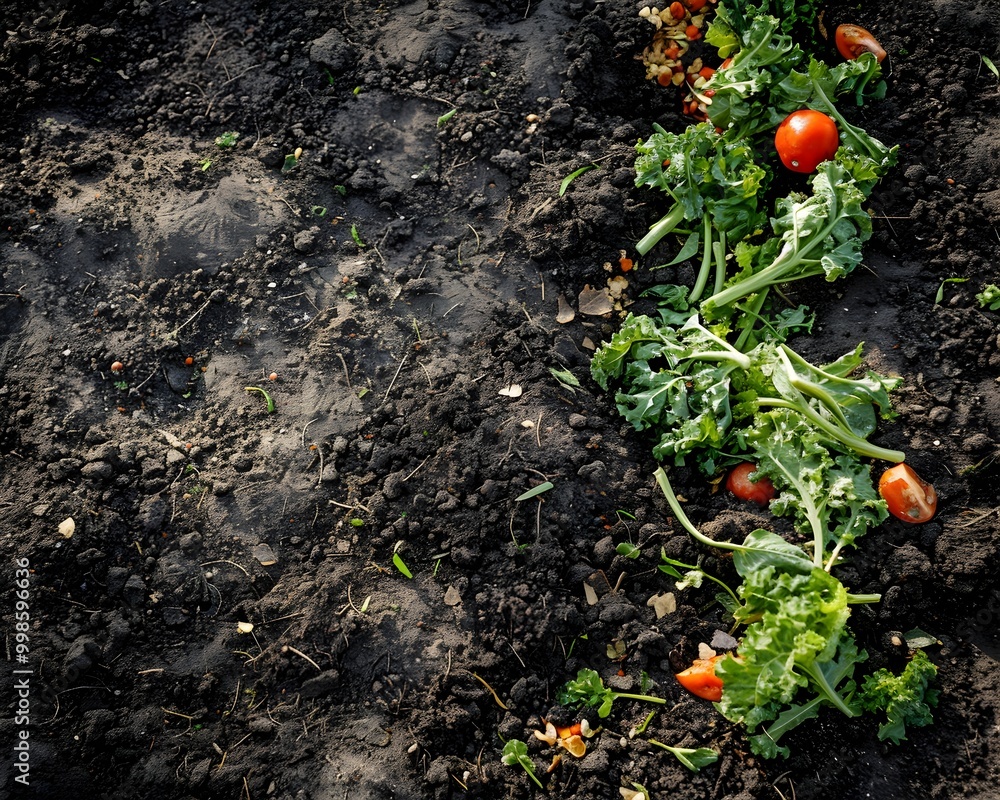 Poster composting site with organic waste turning into rich soil garbage concept copy space