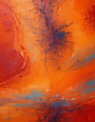 an abstract painting featuring a vibrant mix of orange, red, and blue colors, with splashes of black and white adding depth and contrast