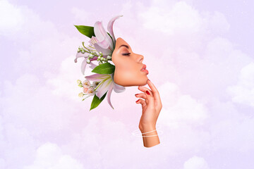 Composite photo collage of gorgeous woman instead hair flower bouquet fairy beauty salon procedure...