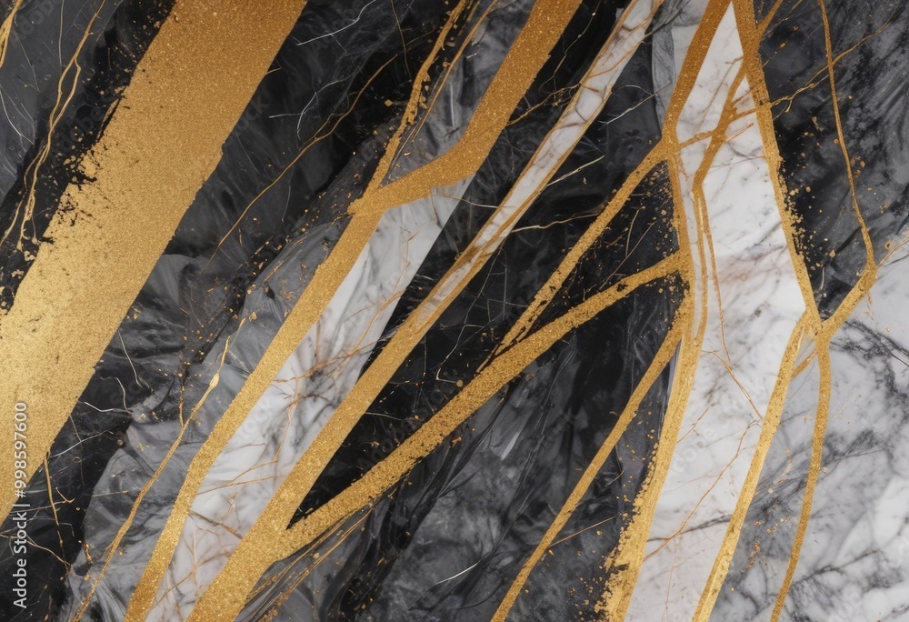 Poster a close-up view marble surface with a striking abstract pattern created by gold and black lines