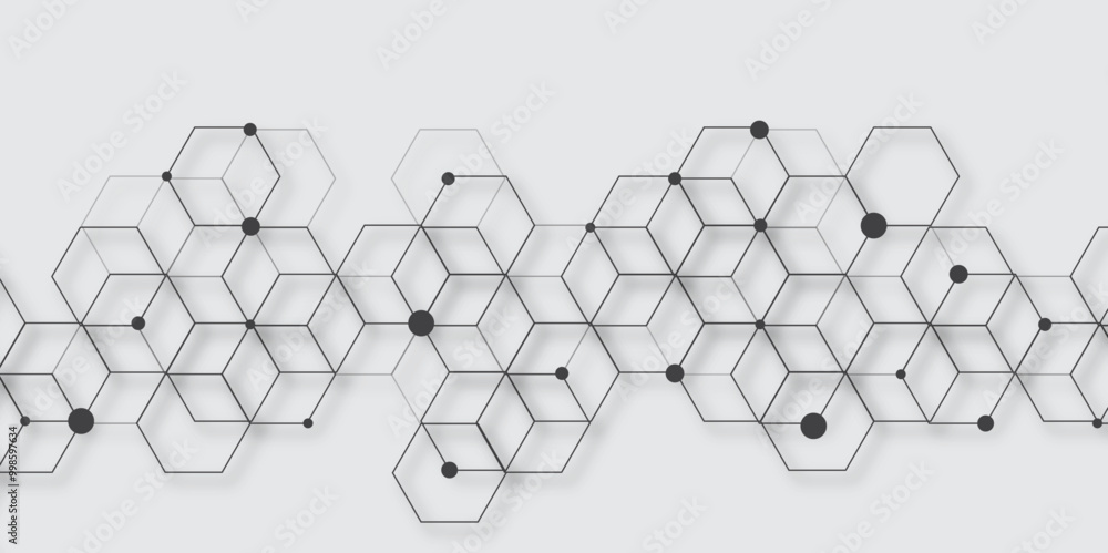Poster Molecular structure abstract tech background. Geometric grey background. Vector banner design with hexagons. Science network pattern, connecting lines and dots Medical background, Vector illustration	