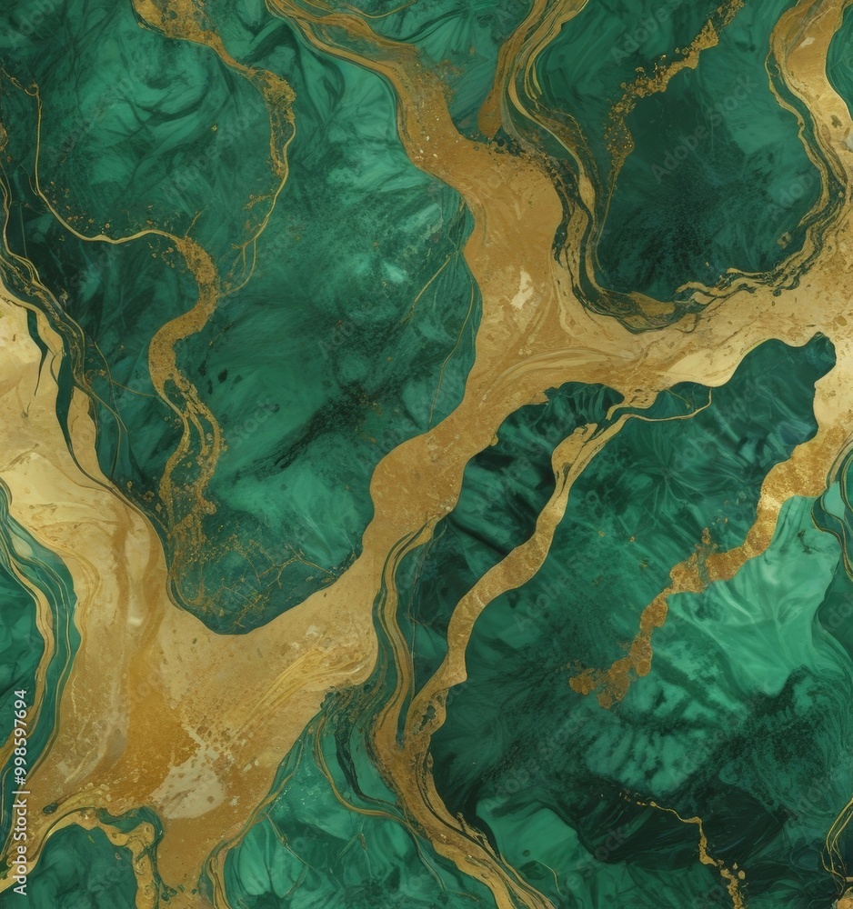 Poster a striking abstract pattern with swirling green and gold hues, creating a sense of movement and dyna