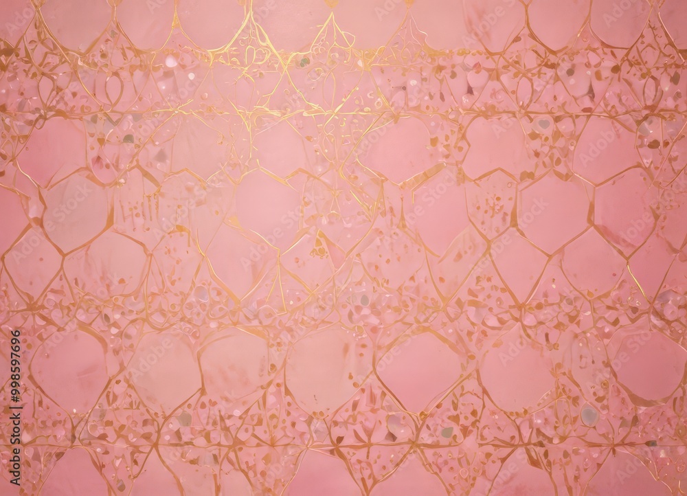 Poster a close-up view pink and gold patterned surface, possibly a wall or a piece of fabric the pattern co
