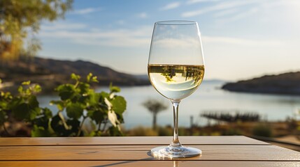 Obraz premium A wine glass with white wine on a scenic patio